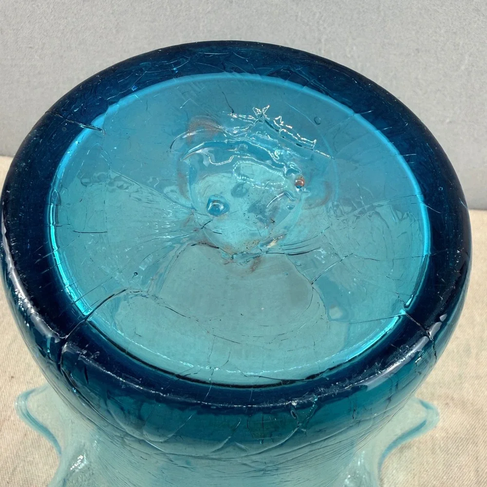 Bischoff Peacock Blue Glass‎ Crackle Vase Ruffled Rim 11